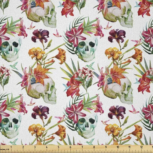 Miniatura 80 de Ambesonne The Yard, tela de calavera colorida con temática de Halloween, diseño de calavera y huesos cruzados, divertido estampado de dibujos