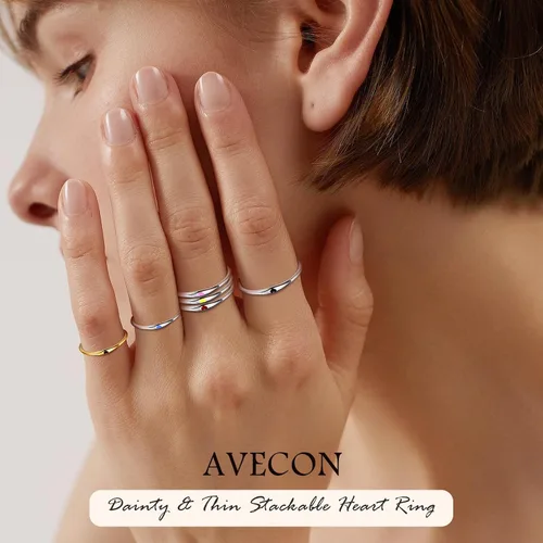 Miniatura 2 de Anillo de Corazón de Plata de Ley 925 para Mujer, 1mm Ultra Fino Chapado en Oro 14K Hipoalergénico Banda de Boda con Amor NegroAmarilloRojoAzulRosa