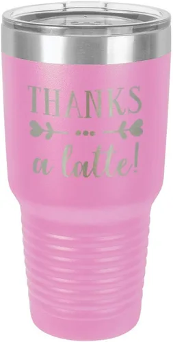 Miniatura 20 de Taza de viaje de acero inoxidable con tapa superior deslizante y pajita con texto en inglés "THANKS A LATTE 30oz Taza de viaje", compara con Yeti