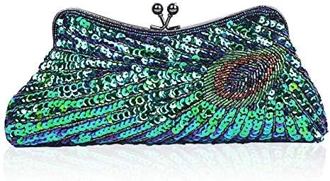 Bolso de mano de noche de pavo real para mujer, con lentejuelas, con cuentas, cierre de beso, para cóctel, boda, fiesta de graduación