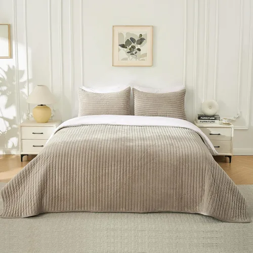 Miniatura 10 de Juego de edredón de terciopelo tamaño Queen, juego de cama acolchado suave, 2 fundas de almohada a juego, funda de cama ligera, colcha acolchada