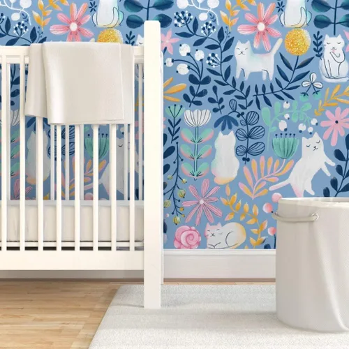 Miniatura 6 de Spoonflower Papel tapiz para despegar y pegar, papel tapiz extraíble personalizado de gatos de primavera con diseño de gatos florales