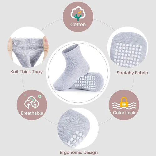 Miniatura 2 de JAKIDAR Paquete de 12 calcetines de algodón para bebés, calcetines para niños pequeños, antideslizantes, parte inferior