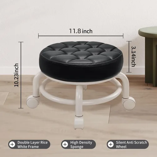 Miniatura 2 de Taburete bajo redondo rodante, de piel sintética, 360°, más cómodo, giratorio con cojín de esponja gruesa para salón de uñas, pedicura, spa y hogar
