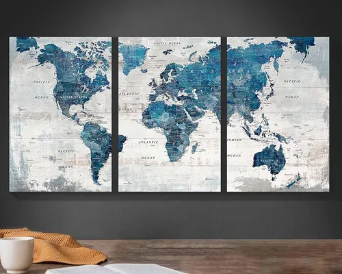 Decoración de pared de oficina, arte de pared grande para sala de estar, lienzo, mapas del mundo, obras de arte enmarcadas para paredes, pinturas