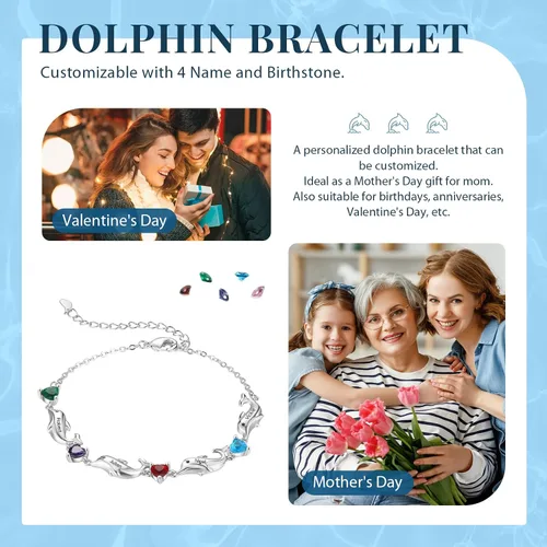 Miniatura 6 de LoraPetid Pulseras personalizadas para madre de delfín, pulseras de piedra natal de 2 a 6 nombres para mujer, pulseras de eslabones con dije