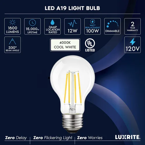 Miniatura 7 de LUXRITE Bombillas LED vintage A19 equivalentes a 100 W, 1600 lúmenes, blanco suave de 3000 K, bombillas Edison regulables, 12 W, clasificación