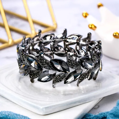 Miniatura 5 de BriLove Pulsera elástica de hoja con forma de marquesa de cristal nupcial para mujer