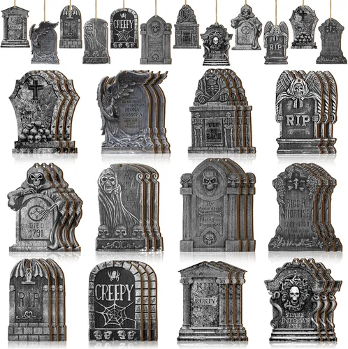 Miniatura 5 de Huwena 36 adornos de madera de Halloween para árbol, fantasma, cráneo, gnomo, calabaza, recortes de madera con cuerdas, decoraciones de árbol