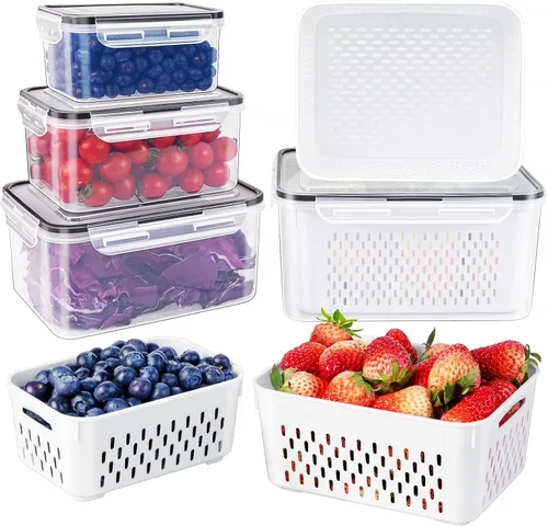 Freshmage Contenedores de almacenamiento de frutas para refrigerador con colador extraíble, recipiente hermético para almacenamiento de alimentos,