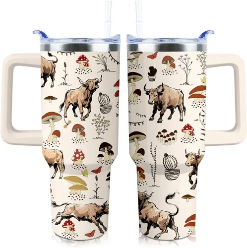 Miniatura 9 de Vaso de 40 onzas con asa y tapa con popote a prueba de fugas, diseño de pollo y gallo, taza de viaje de café con asa aislada para bebidas frías