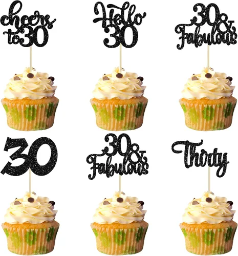 Miniatura 60 de 30 piezas Adornos para pastel de cumpleaños de 6 años, seis brillos, hola 6, púas para cupcakes, felicitaciones a los 6 años, decoraciones
