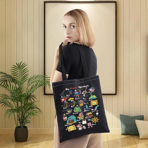 Miniatura 6 de LEVLO Pirate Life - Bolsa de lona con texto en inglés "Pirate Life", regalo inspirado en la cita de pirata, bolso de hombro con alfabeto A-Z