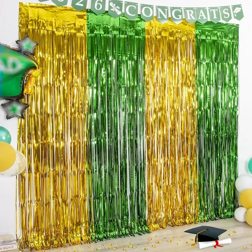 Miniatura 10 de LOLStar Paquete de 2 decoraciones de fiesta de graduación azul y dorado 2025, cortinas de flecos de aluminio de 3.3 x 6.6 pies, telón de fondo