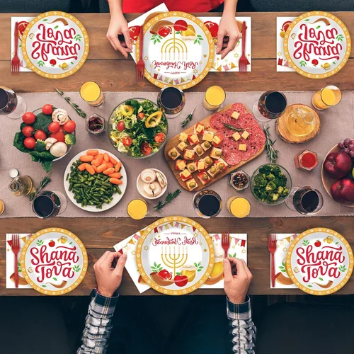Miniatura 5 de gisgfim 96 piezas de platos y servilletas Rosh Hashanah, suministros para fiestas Shana Tova, juego de vajilla para los días santos, decoraciones