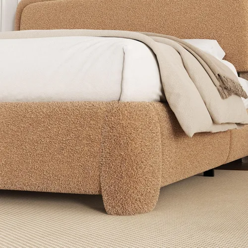Miniatura 6 de Base de cama de tamaño Full con tapizado de bouclé, plataforma tapizada con cabecera, anticolisión con esquinas redondeadas suaves, no requiere