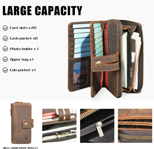 Miniatura 4 de Handadsume Genuino caballo loco cuero viaje regalo moneda bolsillo tarjeta caso largo organizador cadena Rfid monedero con broche para hombres