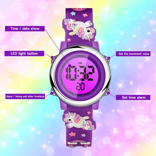 Miniatura 2 de 2 Pieces Kids Unicorn Watch Toddler Watch and Silicone Wristband Cute 3D Kids Digital Watch Waterproof 7 Color Lights Watch with Alarm Stopwatch