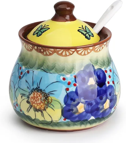 Miniatura 9 de Azucarero hecho a mano de Silesia con tapa y cuchara, jarra de azúcar de cerámica pintada a mano de 9 onzas para el hogar en caja de regalo