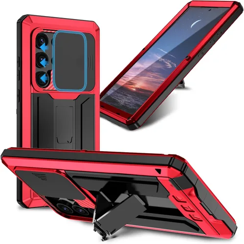 Miniatura 21 de Funda de metal compatible con Samsung Galaxy S22, resistente al polvo, de grado militar, con cubierta deslizante para cámara y soporte plegable