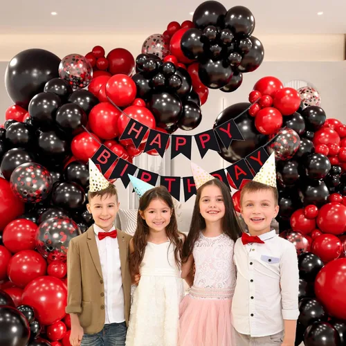 Miniatura 7 de Kit de guirnalda de arco de globos rojos y negros con globos de confeti negro y rojo para graduación, aniversario, San Valentín, Año Nuevo