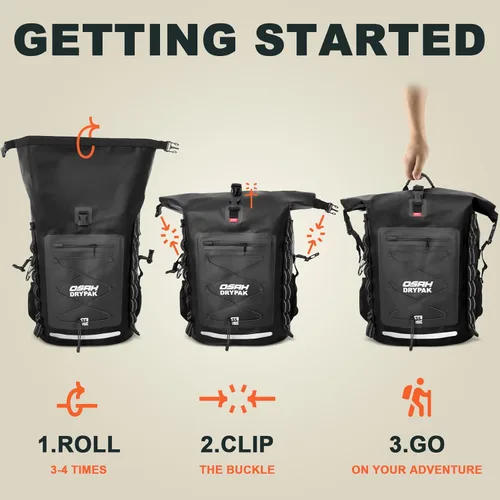 Miniatura 6 de OSAH DRYPAK Mochila impermeable Bolsa seca – Mochila de senderismo enrollable para viajes, kayak, canotaje, camping y pesca, Negro, 25 L, Casual