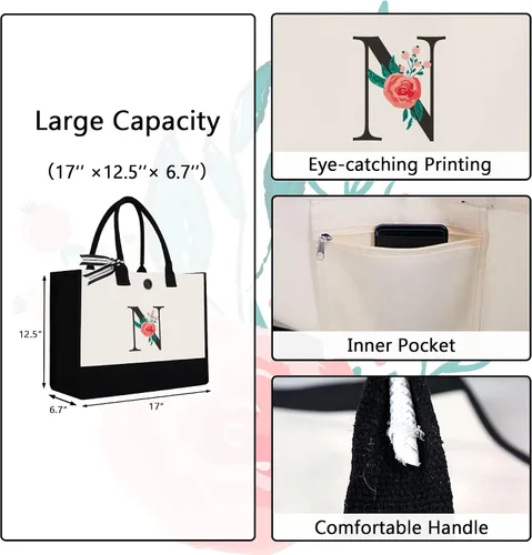 Miniatura 112 de Bolsa de lona con inicial, regalos de cumpleaños personalizados para mujeres, madres, amigas y profesoras, bolsas de mano con monograma adecuadas
