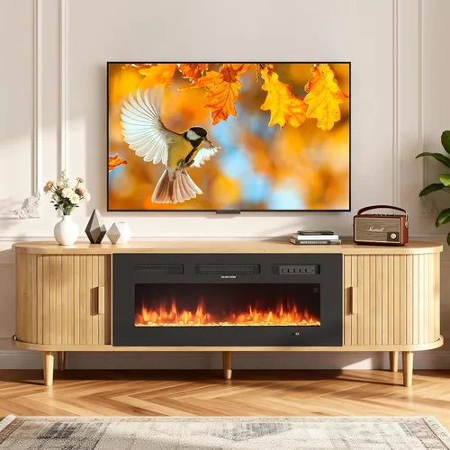 MXV Soporte de TV con chimenea estriada de 70 ″, soporte de TV moderno de mediados de siglo con chimenea de 36 pulgadas para televisores de hasta 80
