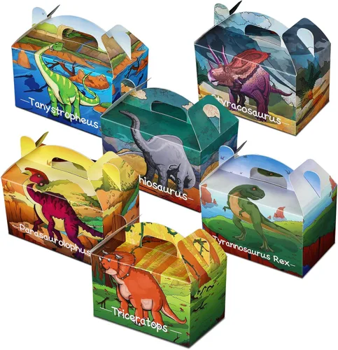 Miniatura 9 de TaoBary 24 cajas de recuerdo de fiesta de dinosaurios para niños y niñas, recipientes de regalo de golosinas de dinosaurio jurásico con asa