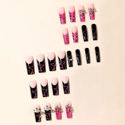 Miniatura 2 de MISUD Uñas a presión – Uñas cuadradas largas con pegamento rosa y negro, acrílico Y2K diseño de dijes de 24 piezas