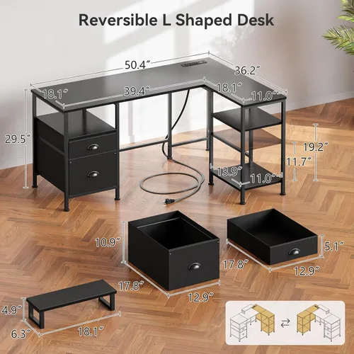 Miniatura 3 de Furologee Escritorio para computadora en forma de L con toma de corriente, escritorio reversible de oficina en casa para estudio de trabajo, mesa