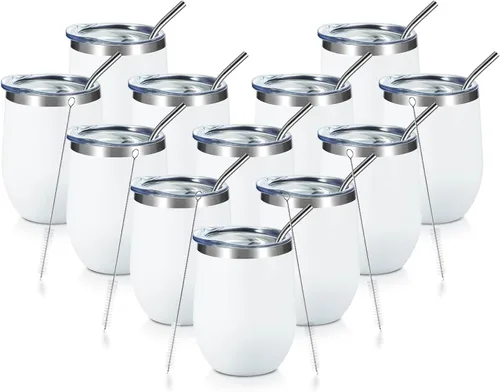 Miniatura 30 de COMOOO Vaso de vino aislado de 12 onzas con tapa, vaso de vino de acero inoxidable sin tallo, vaso de vino de doble pared al vacío con pajita, café