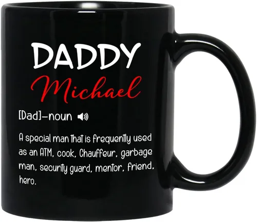 Taza de café negra con nombre personalizado de 11 onzas, 15 onzas, taza de café con definición de papá para papá, regalo para papá nuevo, taza de
