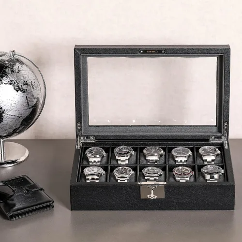 Miniatura 4 de ROTHWELL Caja de reloj de cuero con 10 ranuras, organizador de joyas de lujo, soporte para reloj con tapa de cristal grande, organizador de caja