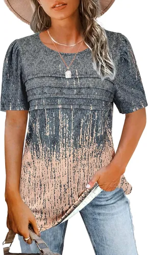Miniatura 67 de JomeDesign - Camisetas casuales de verano para mujer, manga corta, cuello redondo, manga abullonada