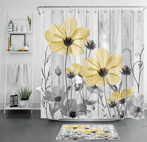 Cortina de ducha y tapete de baño con diseño floral amarillo, diseño vintage gris y amarillo sobre tablas de madera rústica, cortina de ducha con