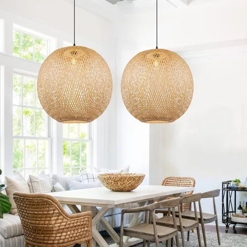 Arturesthome Lámpara Colgante Redonda de Bambú de 1 Luz, Lámpara de Techo de Mimbre Tejida a Mano con Sombra de Cesta Boho para Isla de Cocina y
