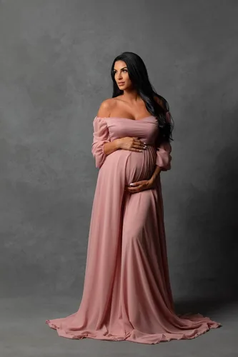 Miniatura 2 de Fivsole Vestido de maternidad de manga larga de gasa para sesión de fotos, hombros descubiertos, vestidos de maternidad para embarazo, vestidos