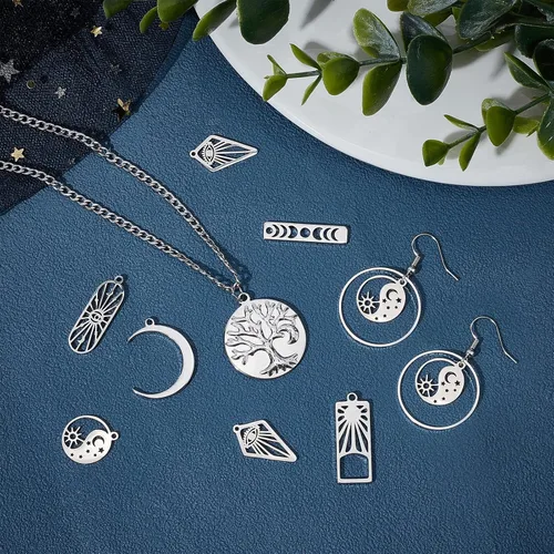 Miniatura 5 de SUNNYCLUE 1 caja de 20 dijes estilo tarot árbol de la vida de la fase lunar de acero inoxidable con diseño de luna creciente ojo de serpiente