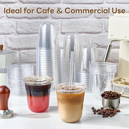 Miniatura 5 de Vplus Paquete de 100 tazas de café helado de 12 onzas con tapas, vasos de plástico desechables con tapas y popotes para bebidas frías, jugos