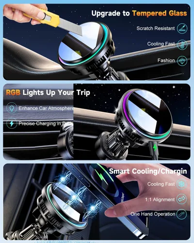 Miniatura 6 de Para Qi2 Cargador de Montaje de Coche MagSafe de 15W con Luz RGB, Soporte Magnético Inalámbrico de Enfriamiento por Hielo para Teléfono, Carga