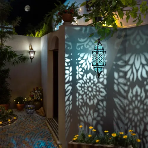 Miniatura 2 de Twinkya Paquete de 2 luces solares colgantes para jardín, farol solar decorativo para exteriores, impermeables, de metal, marroquí, decoraciones al