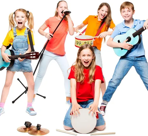 Miniatura 4 de Juego de batería para niños, batería de madera de 8 pulgadas con correa ajustable, 2 baquetas, juego de instrumentos musicales sensoriales