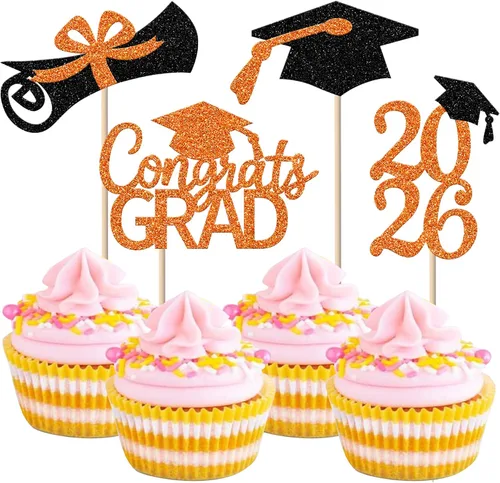 Miniatura 39 de Rsstarxi Paquete de 24 adornos para cupcakes de graduación 2026, con purpurina azul, para la clase de 2026, para diplomas, 24 piezas (6 diseños)