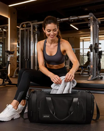 Miniatura 6 de HOTOR Bolsas de gimnasio para hombres y mujeres Bolsa de lona espaciosa con compartimento para zapatos y bolsillo húmedo, bolsa de mano para fin