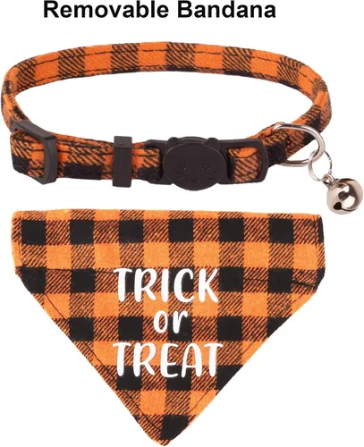 Miniatura 5 de ADOGGYGO Collares de gato de Halloween separables con campana, paquete de 2 collares ajustables de cuadros naranja y morado de Halloween para gatos