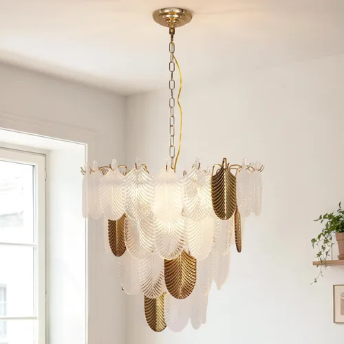 Modern Crystal Chandelier Brass Vintage Pendant Lighting with Leaf Drum 11-Light French Ceiling Light Fixture Perfect for Living Room Dining Room