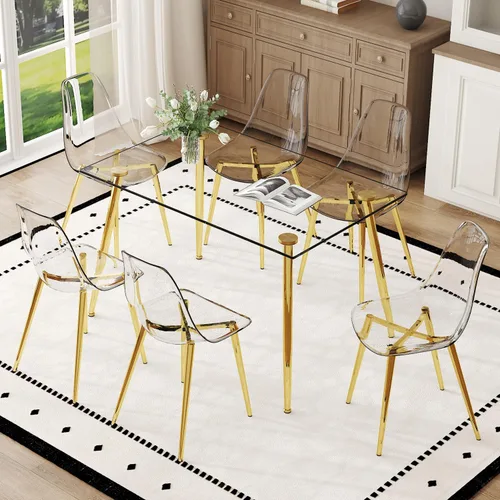 Miniatura 11 de Juego de mesa de comedor de vidrio Ebullient para 4, mesa de 51" de vidrio templado transparente con patas de metal negro y 4 sillas de acrílico