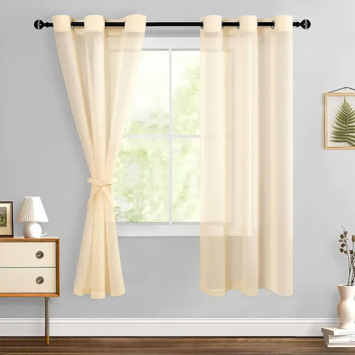 Miniatura 91 de Hiasan - Cortinas traslúcidas de gasa cortas semitransparentes con ojales y alzapaños filtrantes de luz para ventana, dormitorio, baño, 2 paneles