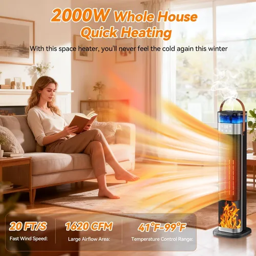 Miniatura 2 de Calentador de espacio en torre, calentadores eléctricos portátiles para uso en interiores con termostato, humidificación por pulverización, llama